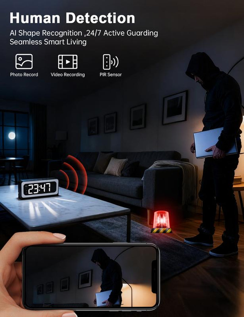 Wifi Surveillance Camera - 1080P HD Wireless Camera Clock , Night Vision, Motion Detection, Loop Recording, 2.4Ghz Wifi Connectivity, Battery Powered, Remote Real-Time Viewing, Perfect for Home, Office, Warehouse Monitoring