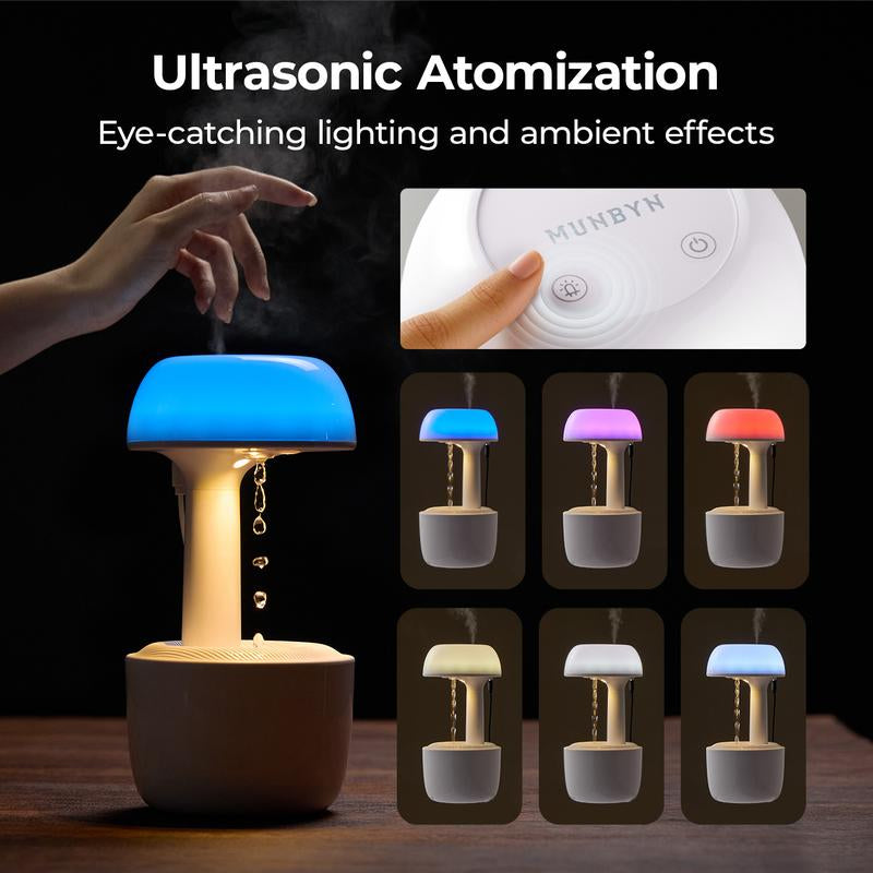 【MUNBYN Mushroom anti Gravity Humidifier】 Water Drop Humidifier with Multi Colors Night Lights for Bedroom, Home & Office, Auto Power-Off Protection with 8 Hours Battery Life, Quiet Diffuser with 38Db, Air Humidifier Gift
